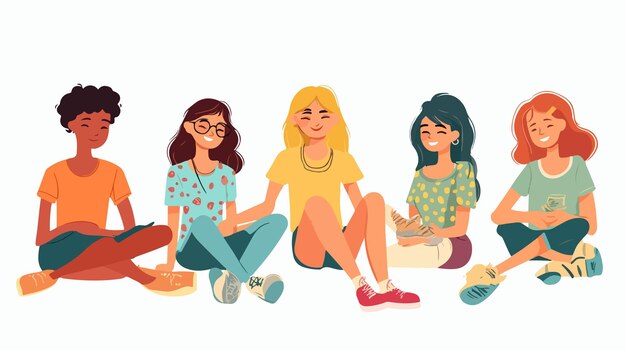 Vector diverse group of teens sitting together with fashion accessories