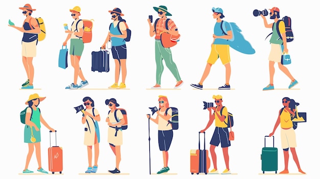 Vector diverse group of tourist characters traveling with backpacks