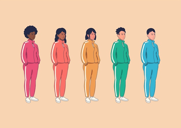 Diverse group of women in tracksuits Vector set of multiracial females in color pants and jackets