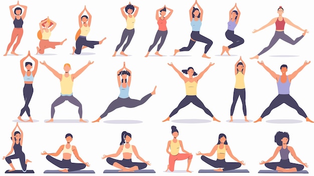 Vector diverse group yoga poses flat vector illustration