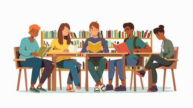 Vector diverse group of young students studying at library in flat style vector illustration