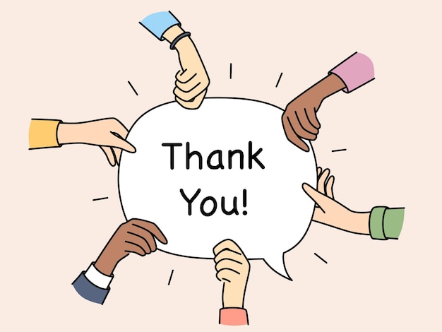 Vector diverse hands hold speech bubble with thank you