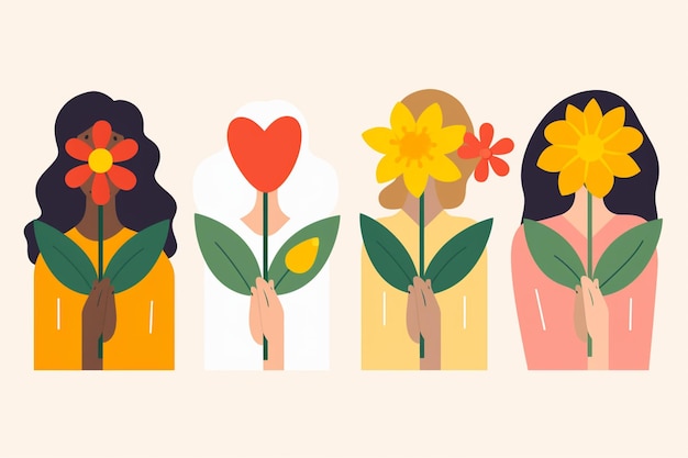 Vector diverse hands holding flowers set