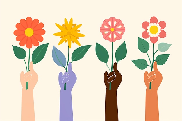 Vector diverse hands holding flowers set