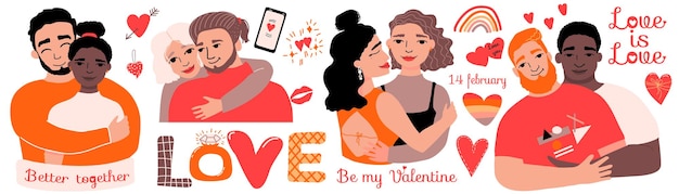 Diverse homosexual and heterosexual couples set.  Inclusion. Valentine's Day, hearts. Text LOVE. Vector