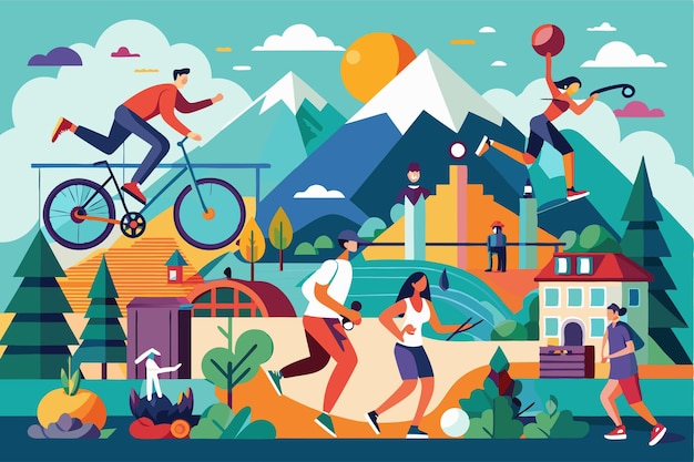 Vector diverse individuals engage in outdoor activities including cycling running and playing sports against a backdrop of mountains and greenery