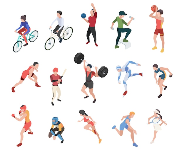 Diverse isometric sport characters Runner tennis player basketball sportsmen People ride bike baseball play vector collection