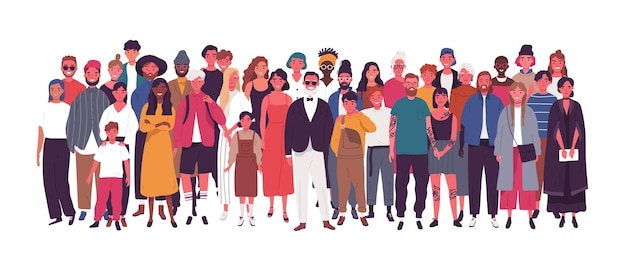 Diverse multiethnic or multinational group of people isolated on white background. Elderly and young men, women and kids standing together. Society or population. Flat cartoon vector illustration.