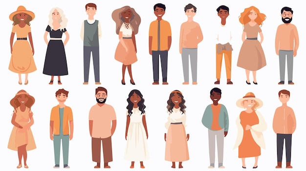 Vector diverse multiracial group in various poses and expressions