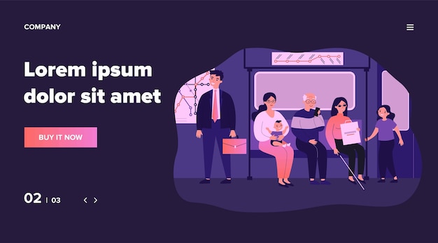 Diverse passengers in subway train. Senior, handicapped people, woman with baby on seat   illustration. Transportation, society concept for banner, website  or landing web page