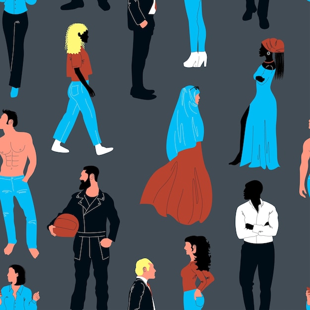 Diverse people crowd pattern Multiethnic men and women group Human silhouettes Community of young people with faces in profile Society diversity Vector graphic seamless background