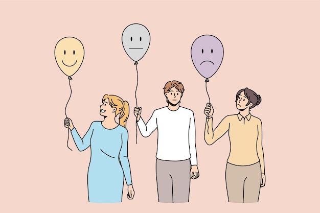 Diverse people hold balloons with emotions