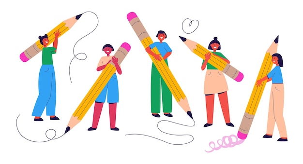 Diverse people holding big pencils vector illustration