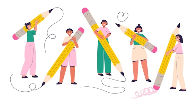 Diverse people holding big pencils vector illustration