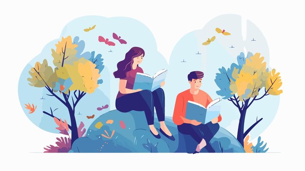 Vector diverse people reading books outdoors educational lifestyle concept