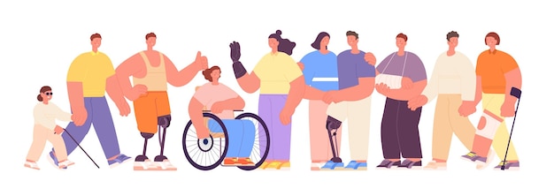 Diverse people together Portraits human group disability inclusive in social life Equal working rights person on wheelchair Community diversity utter vector concept