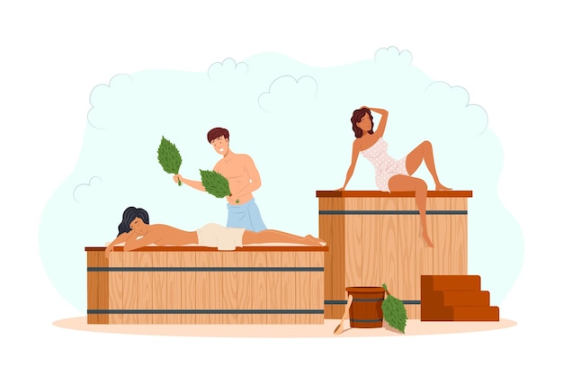 Diverse people wearing towels relaxing massage at sauna with heat steam broom spa hygienic procedure