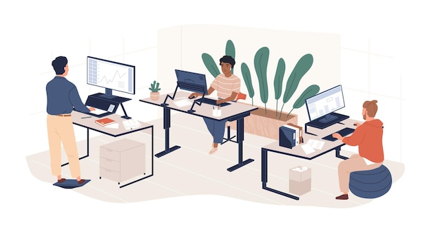 Diverse people working at contemporary workspace vector flat illustration. Man and woman employees at modern area with ergonomic furniture and computers isolated. Modern coworking openspace.