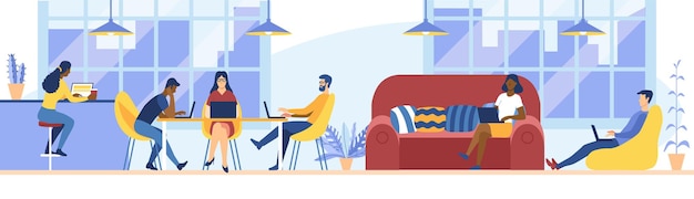 Diverse People Working, Relaxing, Drinking Coffee and Messaging with Gadgets in Coworking Area or Office. Teamwork Communication, Digital Technologies and Crowdsourcing People Flat Vector Illustration