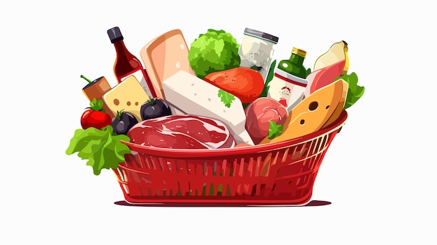 Vector diverse selection of food items in grocery basket