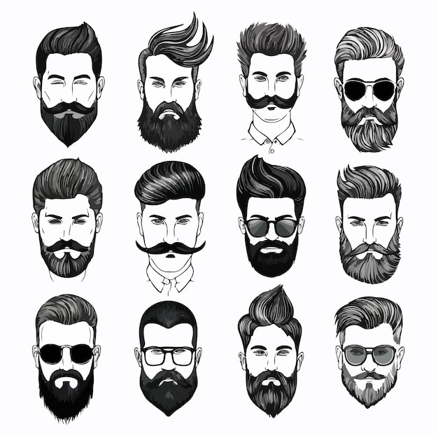 Vector diverse set of mens hairstyles with beards and mustache