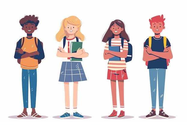 Diverse Students Holding Hands Cartoon