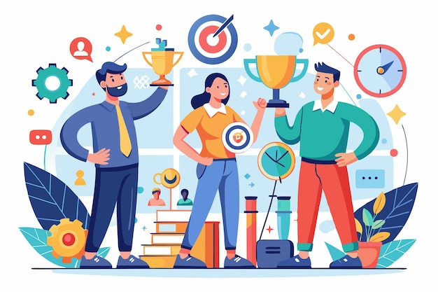 A diverse team celebrates their successful goal achievements with trophies and awards in an office environment Team goals Customizable Disproportionate Illustration