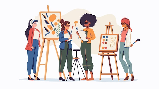 Vector diverse team of female artists painting together