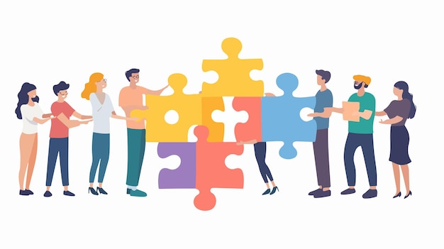 Vector diverse team of men and women connecting in puzzle concept