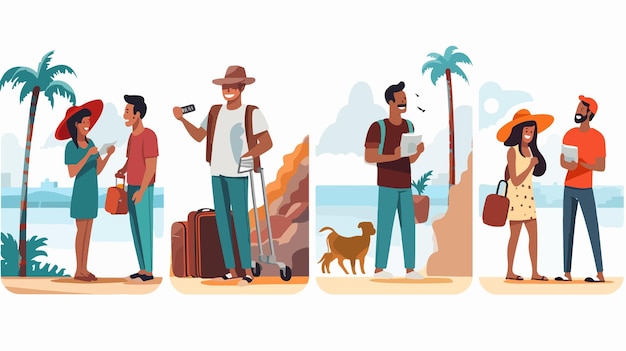 Vector diverse tourists on vacation cartoon scenes