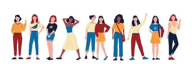 Diverse women Cartoon group of happy female characters standing together in different poses Girls friendship Young persons with greeting gestures Vector multiracial friends set