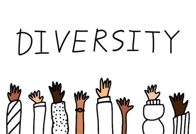 Diversity vector concept illustration isolated on white background Doodle drawing hands raised up with different skin colour