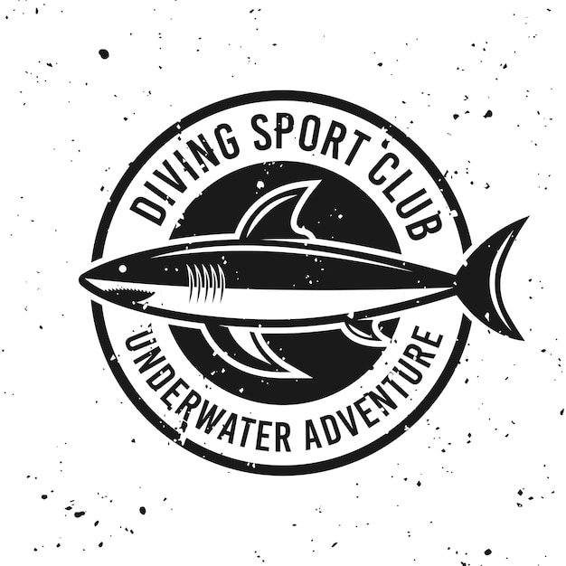 Diving club monochrome round emblem with shark vector illustration on background with removable grunge textures