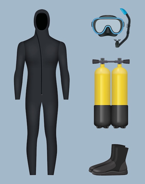 Diving collection Underwater swimming scuba tanks glasses for diver flippers rubber stretching professional costume lifebuoys decent vector realistic set