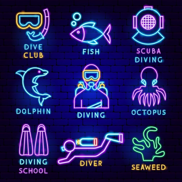 Diving Label Set Vector Illustration of Scuba Diver Promotion