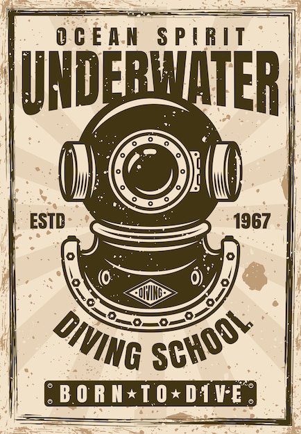 Diving school advertising vintage poster with diver helmet vector illustration