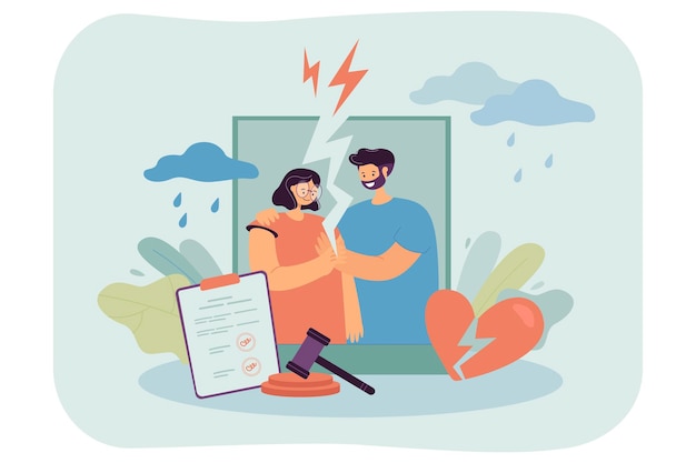 Divorce agreement with signatures from ex husband and wife. Torn photo of couple people, gavel and broken heart flat vector illustration. Divorce, breakup, family and relationship problem concept