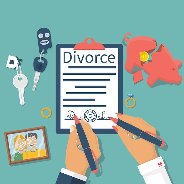 Vector divorce concept. meeting husband and wife to sign agreement divorce papers. property division: money, car, house. vector illustration flat design. form signed, stamp. broken picture. end of marriage.