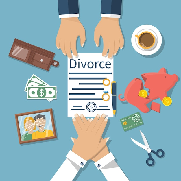 Divorce concept. Meeting of husband and wife to sign agreement divorce papers. Property division.