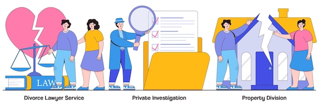 Divorce lawyer, private investigation, property division concept with tiny people. Legal service and investigation vector illustration set. Family lawyer, detective agency, separation metaphor.