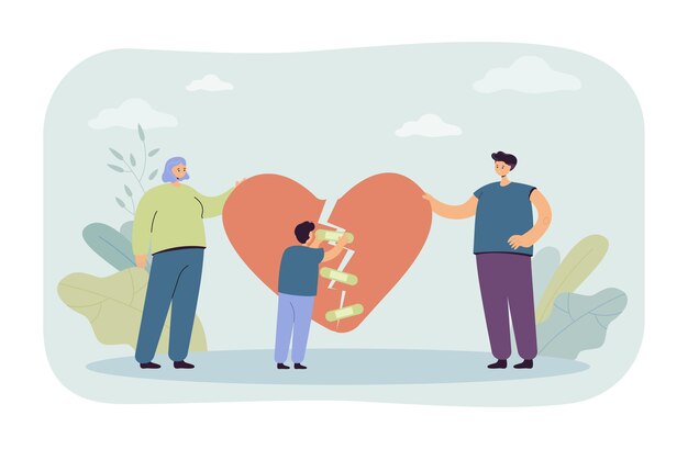 Vector divorced family getting back together. man and woman holding pieces of broken heart, little boy trying to tape it with band-aids.