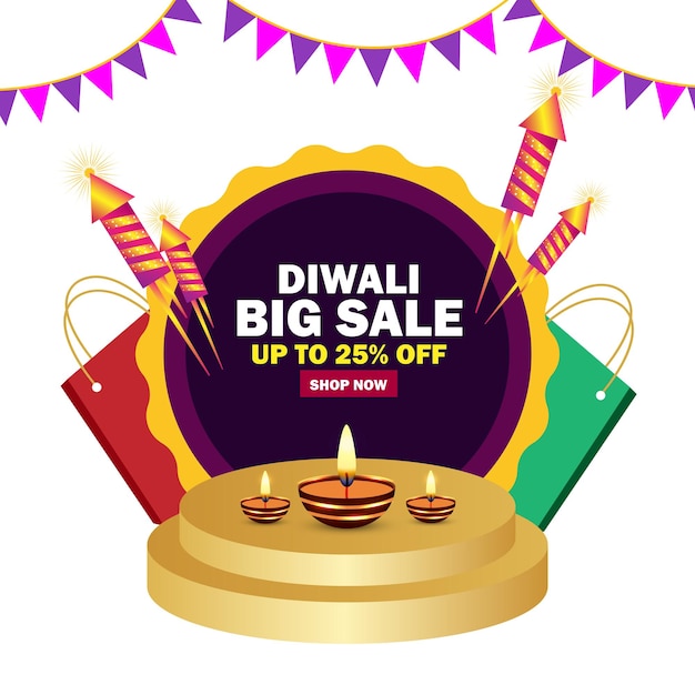 Diwali Big Sale discount concept with shopping bags on product podium with diwali elements