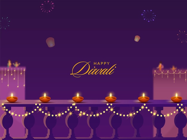 Diwali Celebration Background Decorated With Lit Oil Lamps Diya Lighting Garland Sky Balloons And Buildings