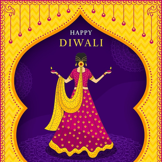 Diwali celebration concept with indian woman holding lit oil lamp diya