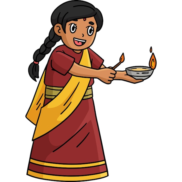 Diwali Child Lighting Candle Cartoon Clipart