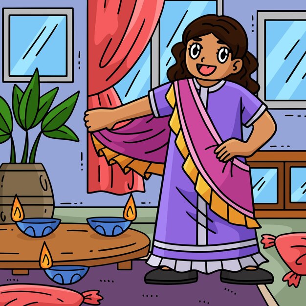 Vector diwali child putting on a saree colored cartoon