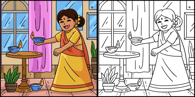 Diwali Child Setting Candle Coloring Illustration