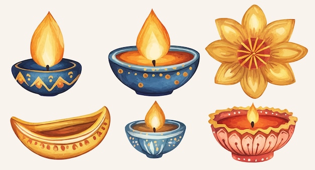 Vector diwali collection of candles and flowers isolated on white background