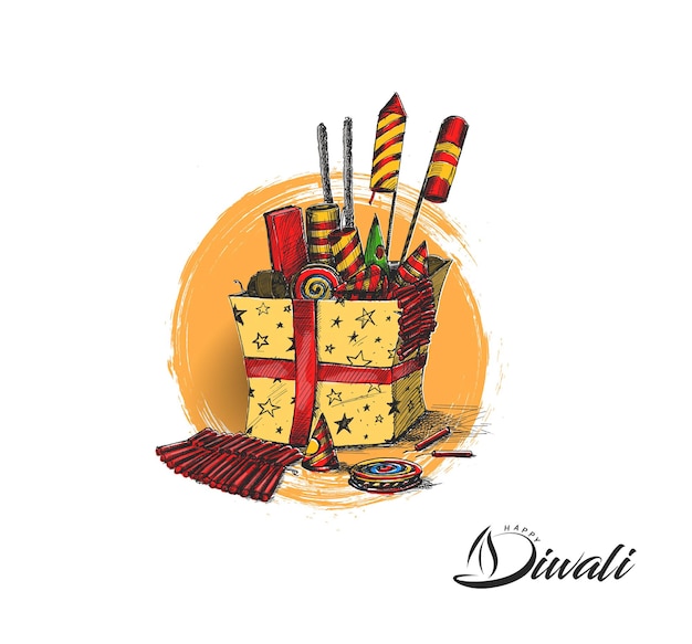 Diwali crackers with Gift box, Hand Drawn Sketch Vector illustration.