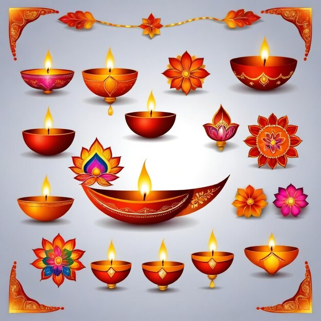 Vector diwali decorations vector set white background isolated